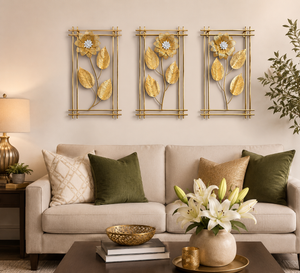 3 Piece Gold Flowers Metal Wall Decor Set, Elegant Floral Sculptures, 50cm Tall x 30cm Wide Panels Home Office Decor-Sona Casa