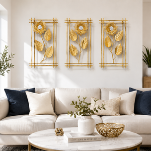 3 Piece Gold Flowers Metal Wall Decor Set, Elegant Floral Sculptures, 50cm Tall x 30cm Wide Panels Home Office Decor-Sona Casa