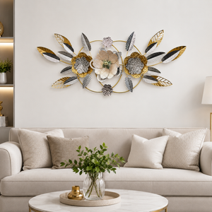 Large Gold Metal Wall Decor with Floral and Leaf Motif, 18 x 50 inch Elegant 3D Botanical Sculpture Home Office Decor-Sona Casa