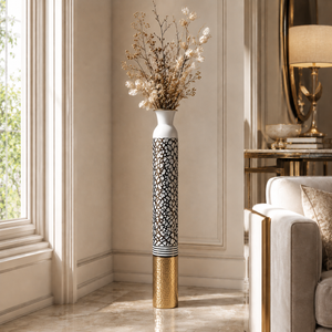 Tall White Silver Gold Metal Floor Vase with Metallic Finish for Modern Home Decor 14x14x106.7 cm by Sona Casa