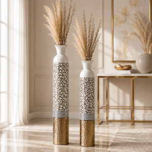 Set of 2 Round Metal Vases in White, Silver, and Gold Finish – Modern Decorative Accent for Home or Office – 14x14x106.7cm & 13.5x13.5x95.5cm