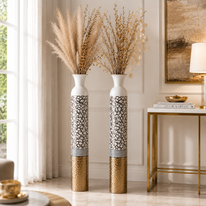 Set of 2 Tall White and Silver Round Metal Vases for Modern Home Decor, 14x14x106.7 cm