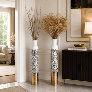 Set of 2 Tall White and Silver Round Metal Vases for Modern Home Decor, 14x14x106.7 cm