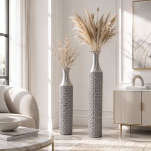 Set of 2 Silver Metal Floor Vases with Modern Minimalist Design, Tall Decorative Accent for Living Room or Entryway, 15x15x107cm & 14x14x95cm