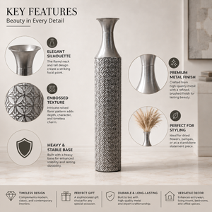 Set of 2 Silver Metal Floor Vases with Modern Minimalist Design, Tall Decorative Accent for Living Room or Entryway, 15x15x107cm & 14x14x95cm