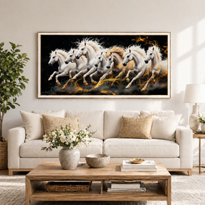 Seven White Horses Wall Art with Crystals, Modern 70x140 cm Premium Home Decor Canvas Painting - Accent Collection