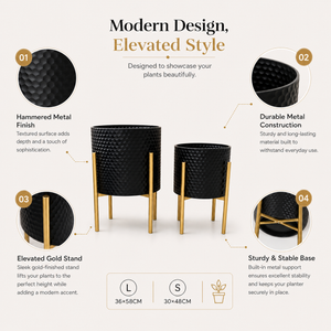 Set of 2 Modern Black and Gold Metal Planters with Geometric Design for Indoor Home Decor