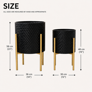 Set of 2 Modern Black and Gold Metal Planters with Geometric Design for Indoor Home Decor