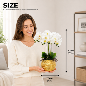 Elegant Gold Ceramic Vase with Artificial White Orchid Design, Glossy Finish, 17x42cm, Premium Home Decor Accent by Sona Casa