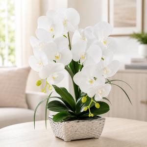 Silver Ceramic Vase with Artificial White Orchids, Modern Metallic Finish Decorative Flower Vase 19x40cm by Sona Casa