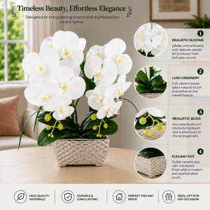 Silver Ceramic Vase with Artificial White Orchids, Modern Metallic Finish Decorative Flower Vase 19x40cm by Sona Casa