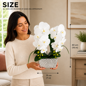 Silver Ceramic Vase with Artificial White Orchids, Modern Metallic Finish Decorative Flower Vase 19x40cm by Sona Casa