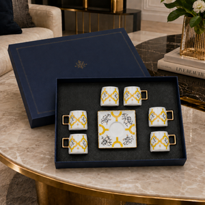 Square Base White and Yellow Coffee Cup and Saucer Set, 6-Pair Premium Ceramic Tea Drinkware Gift Collection by Sona Casa