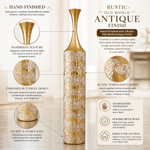 Set of 2 Gold Floral Metal Vases with Tall Sculptural Design for Elegant Home Decor, 14.7x14.7x106.5cm & 14.7x14.7x95.5cm
