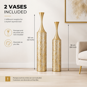 Set of 2 Gold Floral Metal Vases with Tall Sculptural Design for Elegant Home Decor, 14.7x14.7x106.5cm & 14.7x14.7x95.5cm
