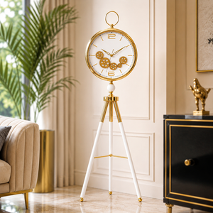 Modern White LED Tripod Floor Clock with Moving Gears, Industrial Style Home Decor Accent - Accent Collection