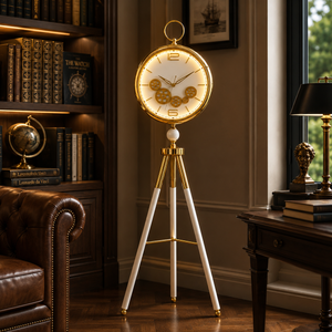 Modern White LED Tripod Floor Clock with Moving Gears, Industrial Style Home Decor Accent - Accent Collection