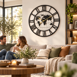24-Inch Black World Map Wall Clock with Roman Numerals-Sona Casa