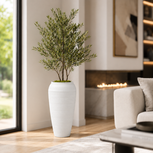 White Riser Planter – white textured riser planter with a tree beside a fireplace