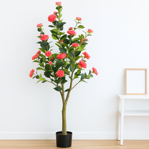 Artificial Flowering Tree, 5 ft Tall Fake Pink Camellia Tree Plant in Cement Base, Indoor Decor for Home or Office, Gift-Sona Casa
