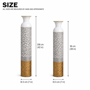 Set of 2 Round Metal Vases in White, Silver, and Gold Finish – Modern Decorative Accent for Home or Office – 14x14x106.7cm & 13.5x13.5x95.5cm
