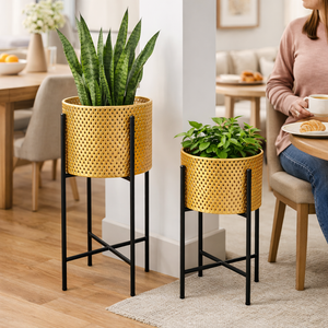 Pair of Large Metal Planter Pots, 24 and 22 inch Tall Indoor Planters with Sturdy Stands, Home Office Decor by Sona Casa