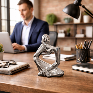 Unique Silver Ceramic Bud Vase, 7" Abstract Thinker Statue, Table, Shelf, Desk Decoration, 1 Tulip Flower Included by Sona Casa