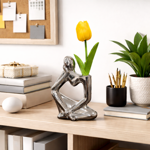 Unique Silver Ceramic Bud Vase, 7" Abstract Thinker Statue, Table, Shelf, Desk Decoration, 1 Tulip Flower Included by Sona Casa