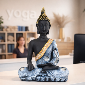 Small Buddha Statue, 8" Black Meditating Decorative Desk Sculpture, Living Room Home Office Zen Decor, Spiritual Gifts by Sona Casa