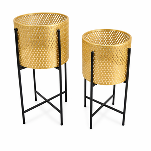 Pair of Large Metal Planter Pots, 24 and 22 inch Tall Indoor Planters with Sturdy Stands, Home Office Decor by Sona Casa