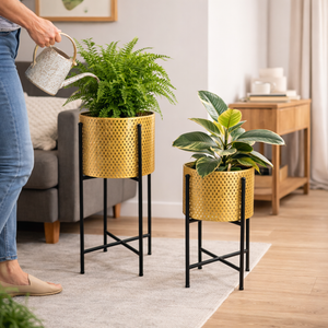 Pair of Large Metal Planter Pots, 24 and 22 inch Tall Indoor Planters with Sturdy Stands, Home Office Decor by Sona Casa