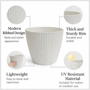 Modern Round Plastic Planter, 11 inch White Flower Pot with Drainage Hole, Home Office Garden Decor by Sona Casa