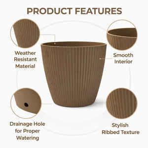 Modern Round Plastic Planter, 11 inch Brown Flower Pots with Drainage Hole, Home Office Garden Decor by Sona Casa