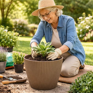 Modern Round Plastic Planter, 11 inch Brown Flower Pots with Drainage Hole, Home Office Garden Decor by Sona Casa