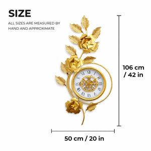 Large Gold Metal Wall Clock, Floral Botanical Silent Clock, 42 inch Vertical Horizontal Orientation-Sona Casa