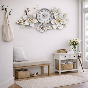 Large Metal Floral Silver Wall Clock, Elegant Horizontal Wall Art, Above the Bed, Couch, Living Room Decor - Accent Collection