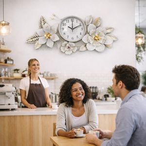 Large Metal Floral Silver Wall Clock, Elegant Horizontal Wall Art, Above the Bed, Couch, Living Room Decor - Accent Collection