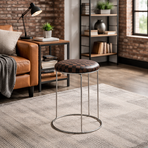 Petite Lightweight Brown Black Pattern Stool with Silver Frame, Fabric Seat Compact Living Room Accent Home Decor - Accent Collection