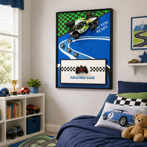 Children's room with racing car-themed decor, including a framed picture of a racing car on a checkered track.