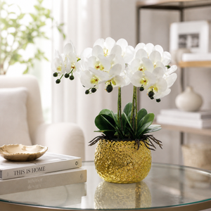 Elegant Gold Ceramic Vase with Artificial White Orchid Design, Glossy Finish, 17x42cm, Premium Home Decor Accent by Sona Casa