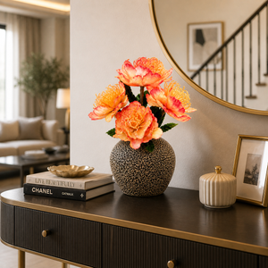 Elegant Brown Ceramic Vase with Red Artificial Floral Accent, Modern Minimalist Home Decor, 17x42cm by Sona Casa