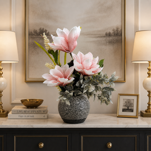 Gray Ceramic Planter with Pink and White Artificial Flowers, Modern Floral Home Decor, 17x42cm by Sona Casa