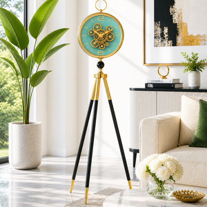 Green LED Floor Clock with Moving Gears Tripod Stand, Modern Industrial Style Home Decor Accent