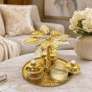 Gold Tree Design Metal Tray with Two Glass Jars, Decorative Gold Finish, 24" Square Premium Home Accent