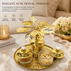 Gold Tree Design Metal Tray with Two Glass Jars, Decorative Gold Finish, 24" Square Premium Home Accent
