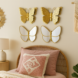4 Piece Gold Butterfly Wall Decor Set, 3D Wall Sculpture & Mirrored Accents, Modern Glam Home Decor for Bedroom, Living Room, Nursery-Sona Casa