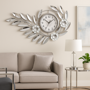 Silver Floral Metal Wall Clock, 48 in-Sona Casa