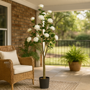 Faux Camellia Tree, 5 ft Tall Faux White Camellia Tree Plant in Cement Base, Indoor Decor for Home or Office, Housewarming Gift-Sona Casa