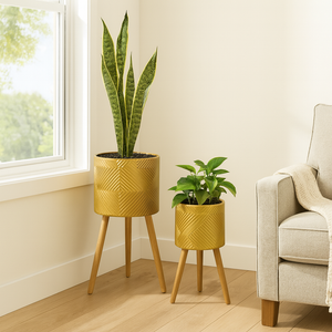 Rustic Gold Foil Metal Plant Pots Set with Stand for Fresh or Artificial Plants, Indoor Home Office Decor, Gifts-Sona Casa