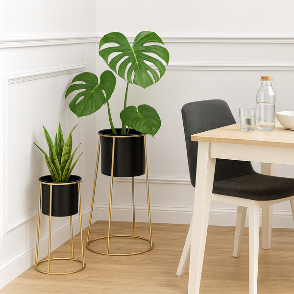 Modern Black Metal Pots Set Indoor Planters with Golden Stand for Fresh or Artificial Plants Living Room Office Decoration, Gifts-Sona Casa